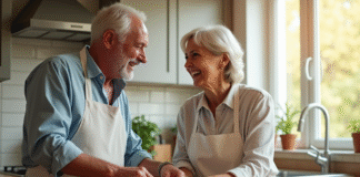 Couple mature rient en préparant le petit déjeuner dans une cuisine lumineuse