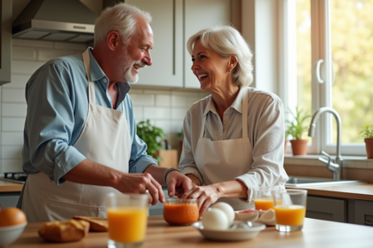 Couple mature rient en préparant le petit déjeuner dans une cuisine lumineuse