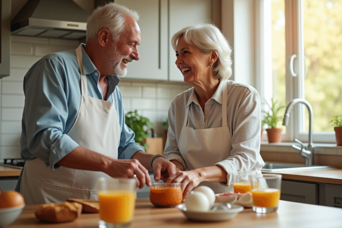 Couple mature rient en préparant le petit déjeuner dans une cuisine lumineuse