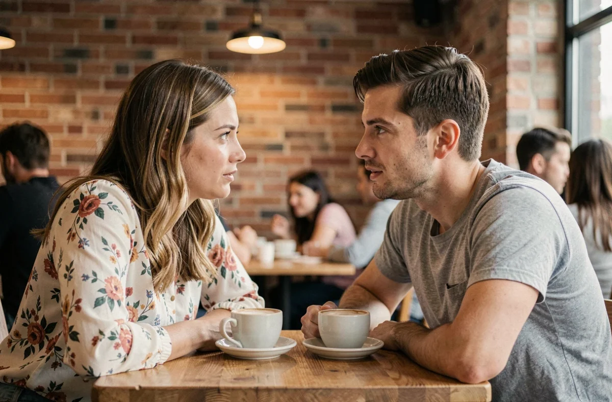 Couple en discussion sincère dans un café illustrant la reconstruction de la confiance en amour