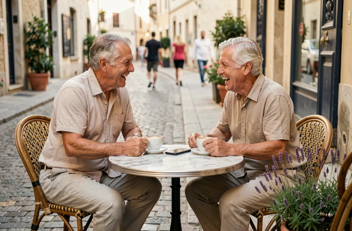 Couple de seniors se rencontrant dans un café français après avoir utilisé un site de rencontre gratuit sans inscription