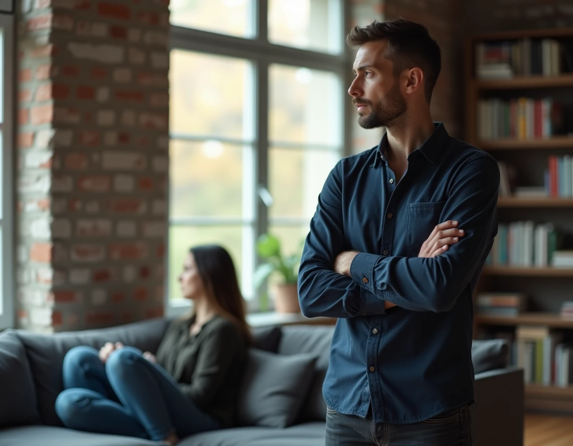 Couple en tension dans un salon, l'homme se détournant froidement illustrant le silence punitif et le rejet émotionnel d'un comportement narcissique