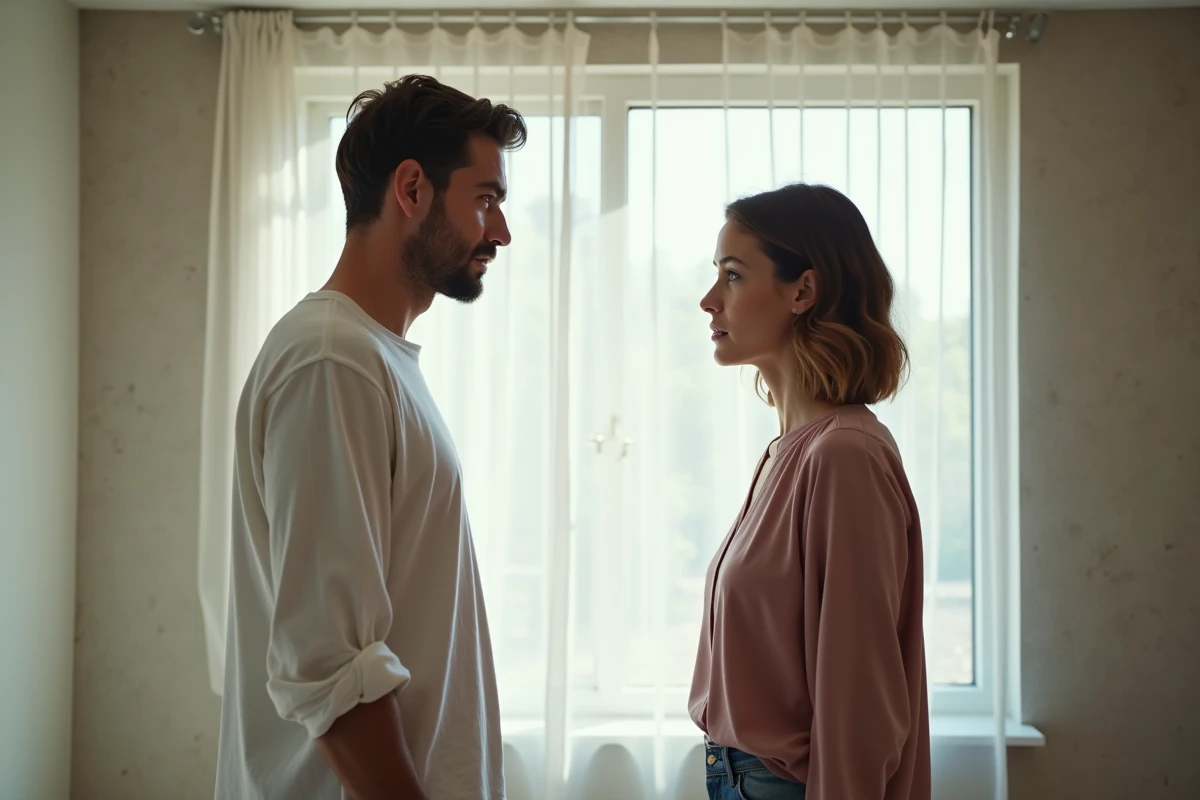 Couple en tension face à face dans un appartement moderne, symbolisant un lien karmique douloureux et non résolu