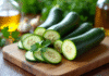 Courgettes fraîches tranchées sur planche en bois avec persil huile d'olive et ail