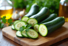 Courgettes fraîches tranchées sur planche en bois avec persil huile d'olive et ail