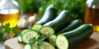 Courgettes fraîches tranchées sur planche en bois avec persil huile d'olive et ail