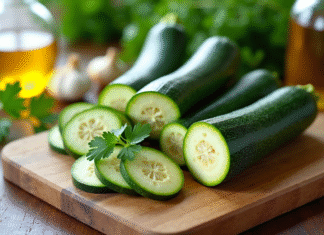 Courgettes fraîches tranchées sur planche en bois avec persil huile d'olive et ail