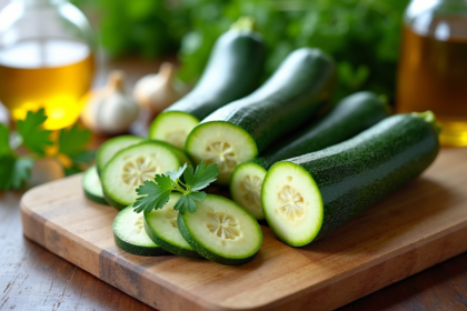 Courgettes fraîches tranchées sur planche en bois avec persil huile d'olive et ail