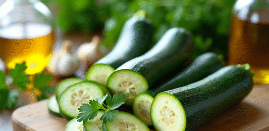 Courgettes fraîches tranchées sur planche en bois avec persil huile d'olive et ail