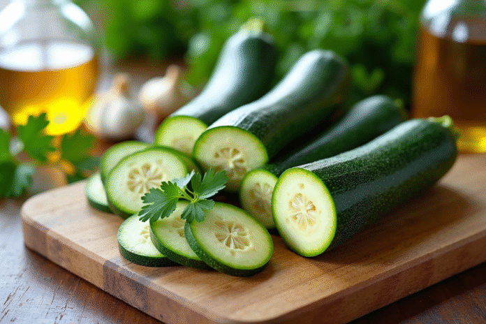 Courgettes fraîches tranchées sur planche en bois avec persil huile d'olive et ail