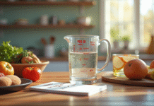 Plan de travail cuisine avec un verre doseur de 400 ml et tableau de conversion
