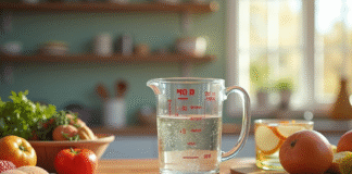 Plan de travail cuisine avec un verre doseur de 400 ml et tableau de conversion
