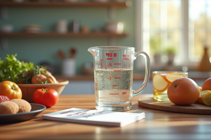 Plan de travail cuisine avec un verre doseur de 400 ml et tableau de conversion