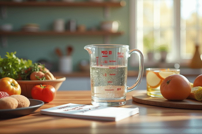 Plan de travail cuisine avec un verre doseur de 400 ml et tableau de conversion