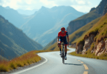 Cycliste professionnel en montée dans les Pyrénées au Plateau de Beille