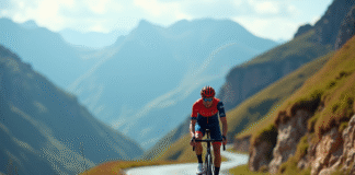 Cycliste professionnel en montée dans les Pyrénées au Plateau de Beille
