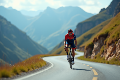 Cycliste professionnel en montée dans les Pyrénées au Plateau de Beille