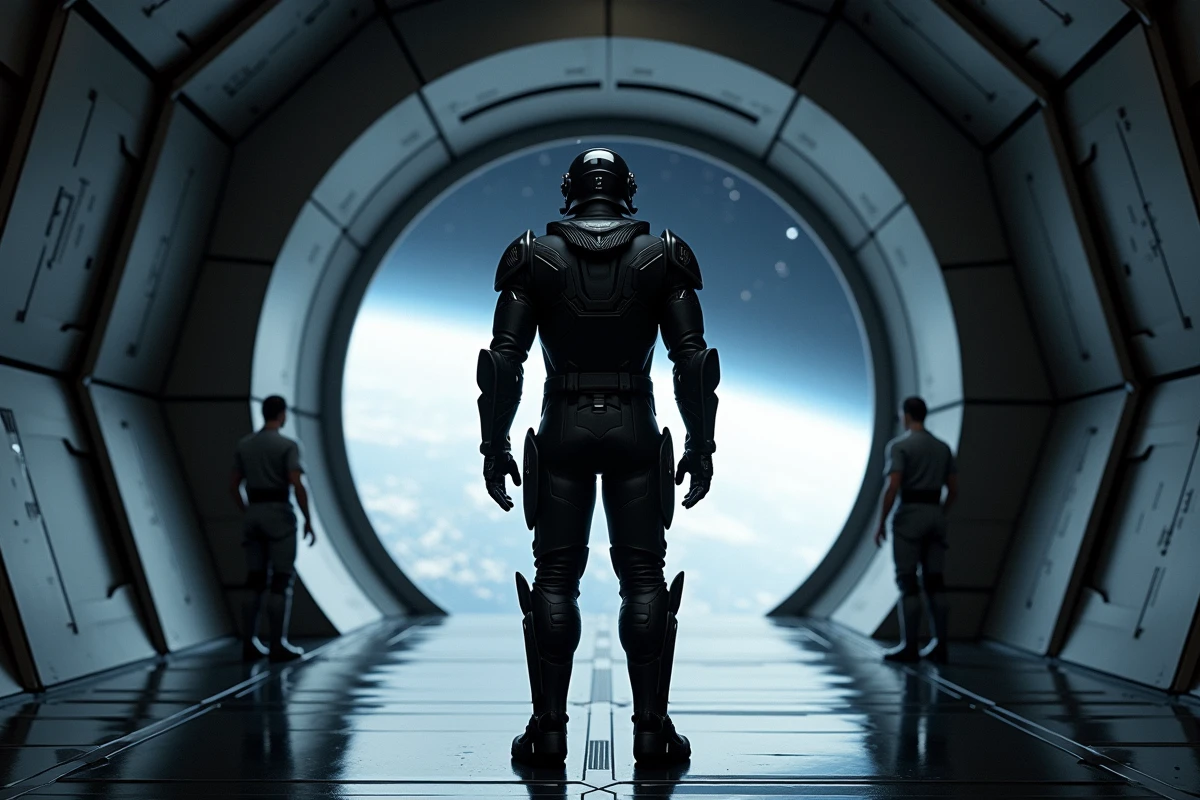 Une silhouette imposante en armure noire intégrale regardant l'espace depuis le couloir d'une station spatiale, entourée d'officiers soumis illustrant la domination de Dark Vador sur l'Empire