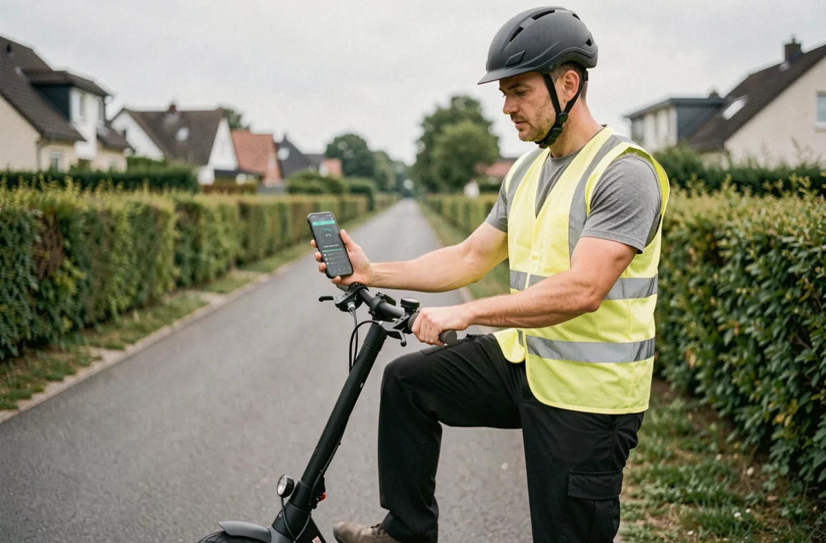 Homme casqué consultant une application de configuration de vitesse sur smartphone fixé au guidon de sa trottinette électrique sur une piste cyclable