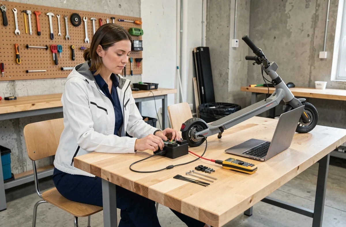 Femme technicienne connectant le contrôleur de vitesse d'une trottinette électrique à un ordinateur portable dans un atelier
