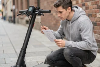 Homme accroupi inspectant le tableau de bord de sa trottinette électrique avec un tournevis et une notice technique sur un trottoir urbain