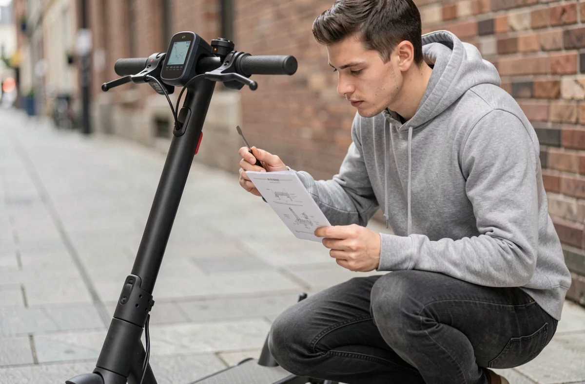 Homme accroupi inspectant le tableau de bord de sa trottinette électrique avec un tournevis et une notice technique sur un trottoir urbain