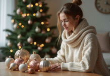 Jeune femme admire ornaments de Noel dans un salon
