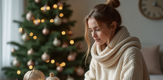 Les tendances 2025 en matière de boules de Noël Jeune femme admire ornaments de Noel dans un salon