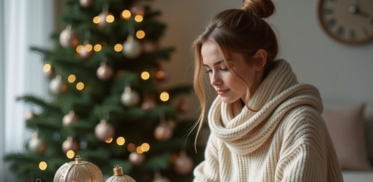Les tendances 2025 en matière de boules de Noël Jeune femme admire ornaments de Noel dans un salon