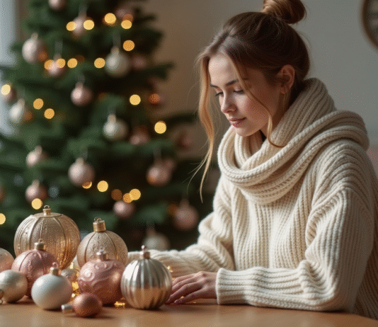 Jeune femme admire ornaments de Noel dans un salon