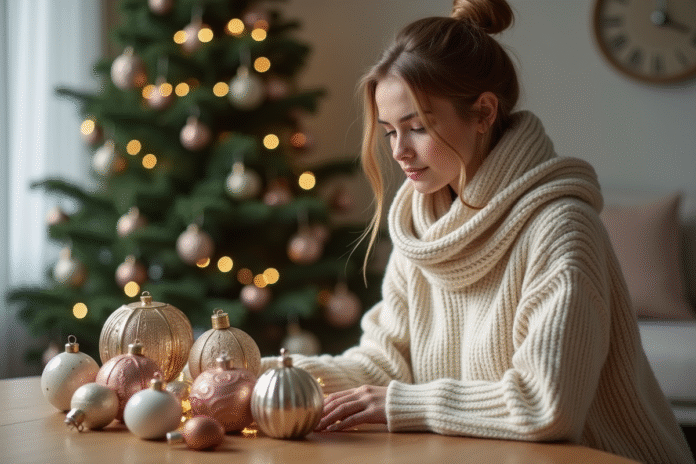 decoration-noel-sapin-salle Jeune femme admire ornaments de Noel dans un salon