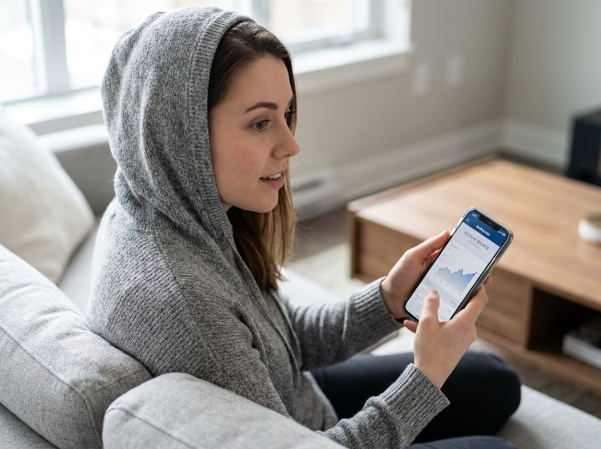 Jeune femme effectuant une demande de mini prêt via une application bancaire sur son smartphone depuis son salon