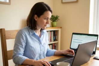 Femme consultant un ordinateur portable pour faire une demande de mini prêt en ligne depuis son bureau à domicile