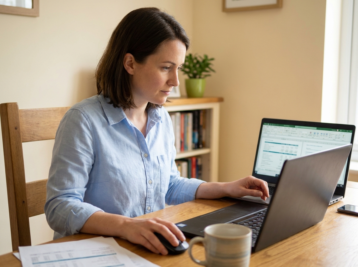 Femme consultant un ordinateur portable pour faire une demande de mini prêt en ligne depuis son bureau à domicile