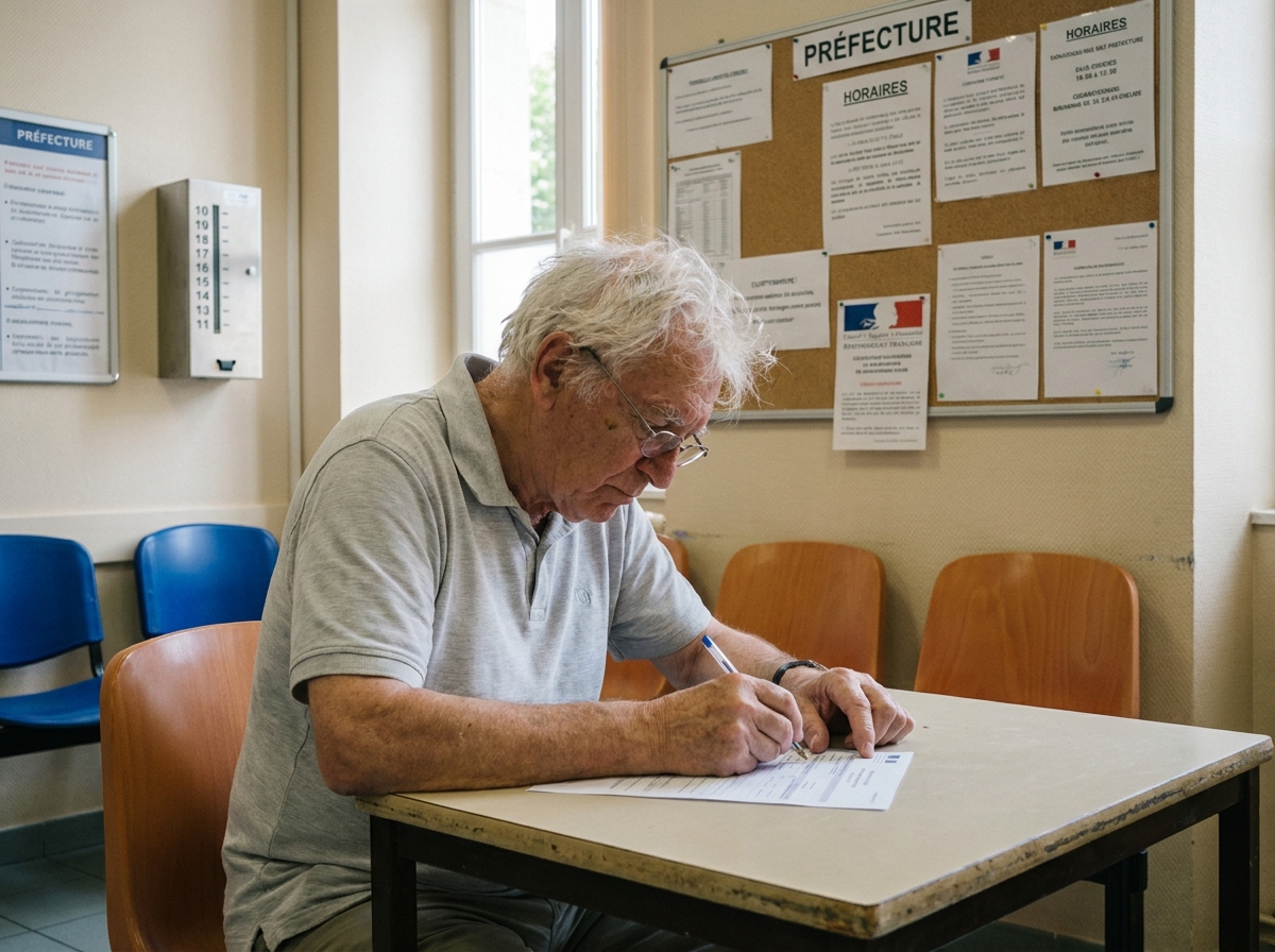 Homme de 70 ans remplissant un formulaire administratif à la préfecture pour le renouvellement de son permis de conduire