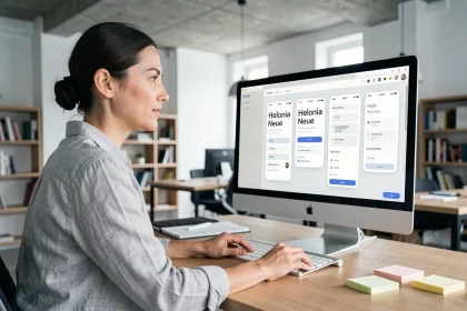Designer UX travaillant sur une interface mobile typographique avec la police Helonia Neue sur grand écran