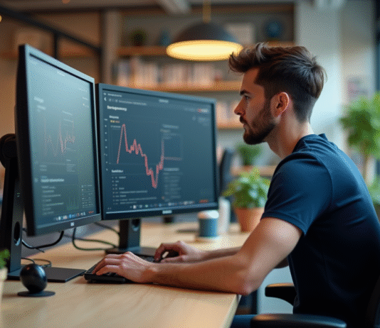 Jeune developpeur web analysant des statistiques sur ses écrans