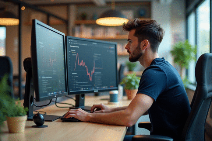 Jeune developpeur web analysant des statistiques sur ses écrans