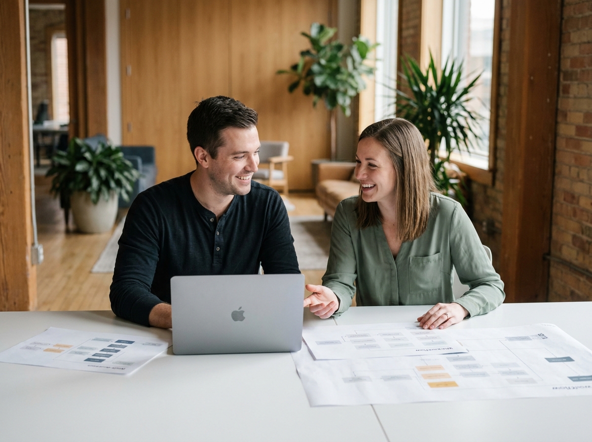 Deux développeurs collaborant sur la consolidation d'outils d'automatisation autour d'une seule plateforme dans un espace de coworking