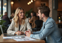 Femme et homme discutant autour d'un mood board en café