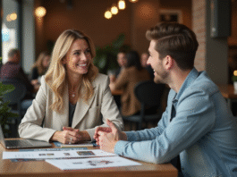 Femme et homme discutant autour d'un mood board en café