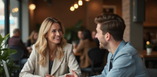 Femme et homme discutant autour d'un mood board en café