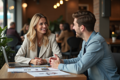 Femme et homme discutant autour d'un mood board en café