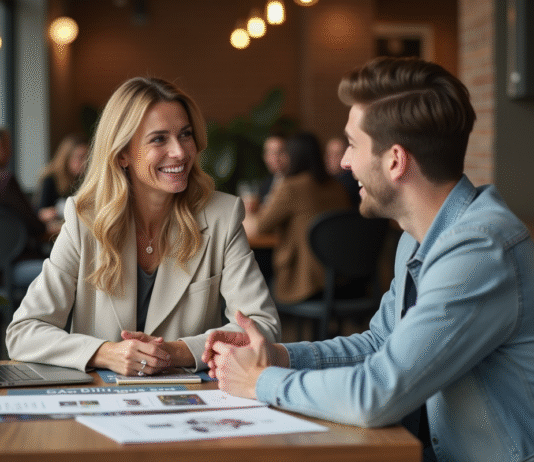 Femme et homme discutant autour d'un mood board en café