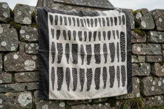 Drapeau breton aux hermines noires et blanches drapé sur un mur en pierre de granit en Bretagne