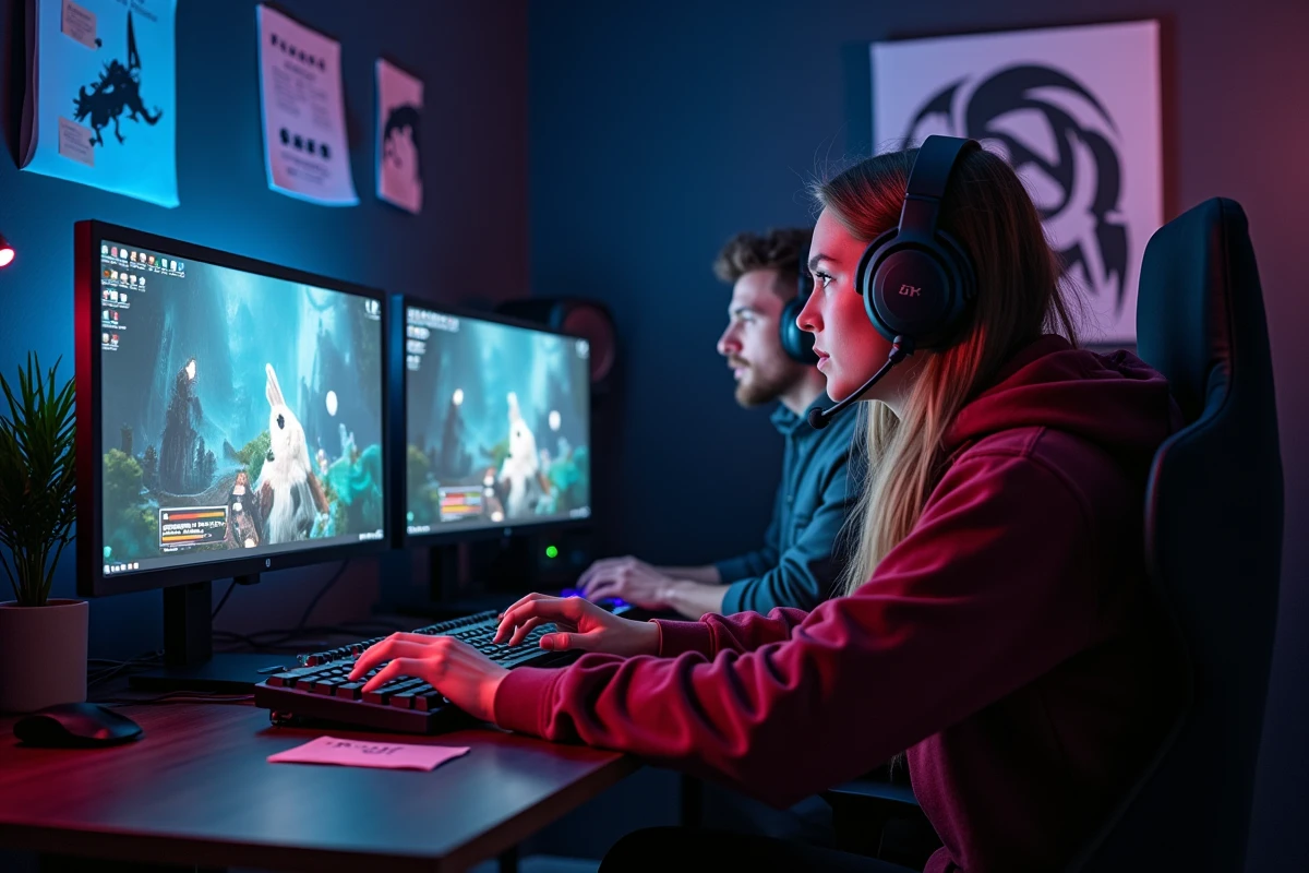 Deux joueurs collaborant sur des quêtes Wabbit Dofus dans une salle de gaming professionnelle avec double écran
