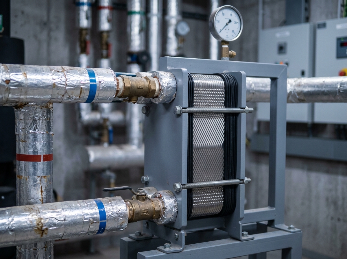 Gros plan sur un échangeur à plaques en acier inoxydable dans une salle technique, symbole d'efficacité énergétique industrielle