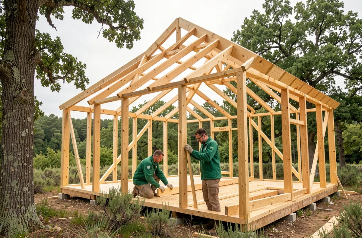 Équipe Ecomaisbois assemblant une ossature bois pour une construction écologique en Ardèche