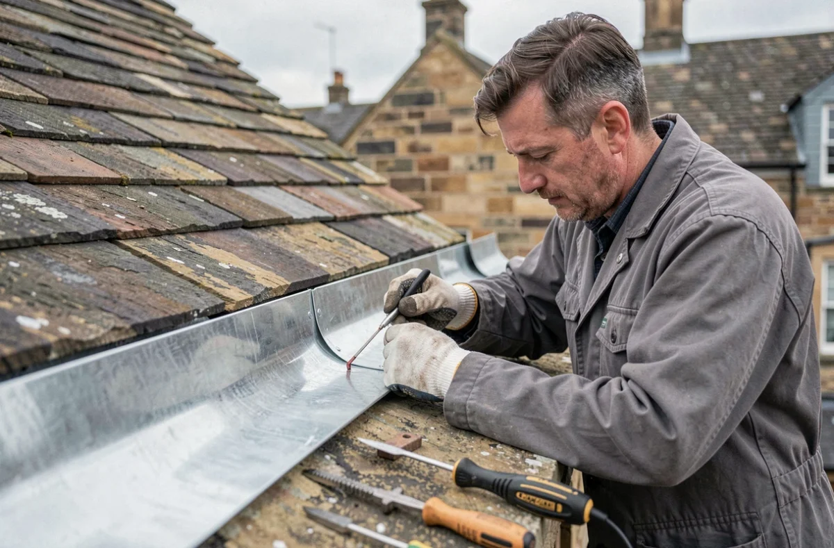 Artisan ECZ réalisant des travaux de zinguerie et couverture sur un bâtiment en pierre