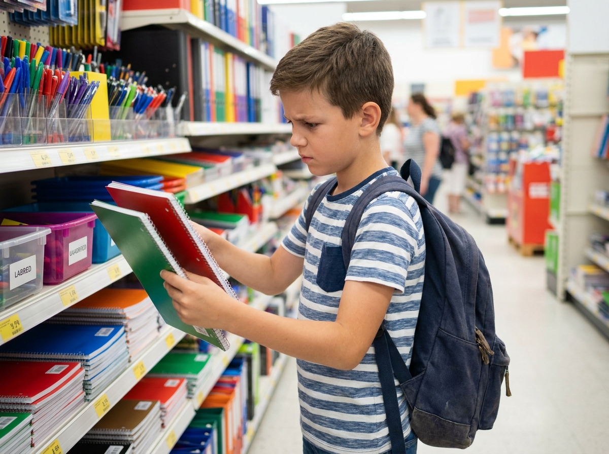 Enfant choisissant ses cahiers scolaires dans un magasin de fournitures pour la rentrée des classes